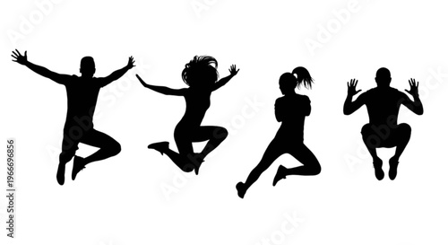 Four people jumping in the air with arms and legs outstretched in silhouette