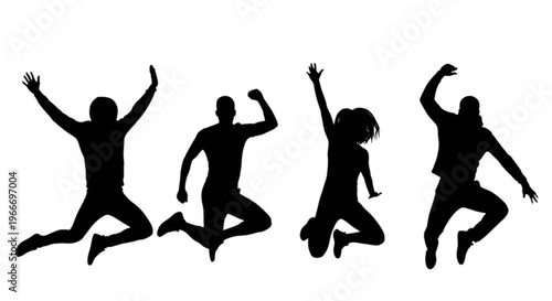 Four people jumping in the air with arms raised in celebration