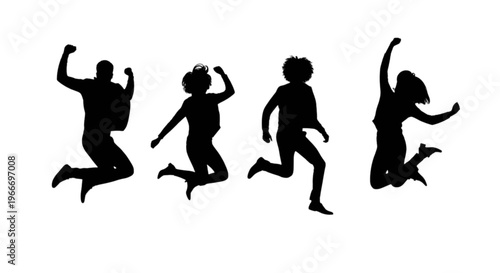 Four people jumping in the air with joyful expressions