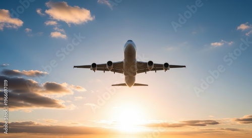 An airplane flies through a vibrant sunset sky with scattered clouds and a bright sun.