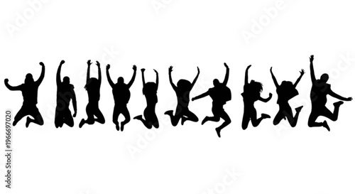 Silhouettes of people jumping in the air with joy and excitement
