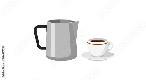 Flat lay illustration of a silver coffee pot and a white cup with brown rim on a saucer against a plain white background.
