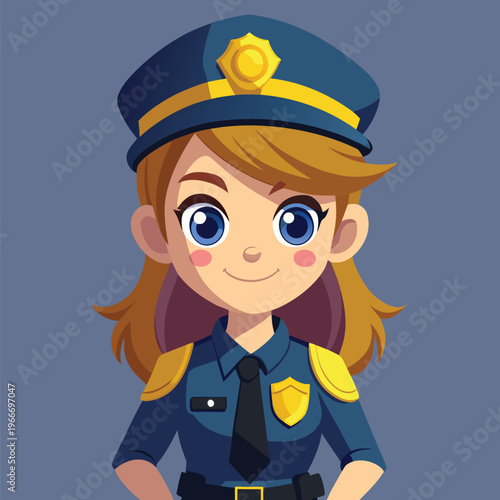 Friendly cartoon female police officer smiling in uniform with bright blue eyes