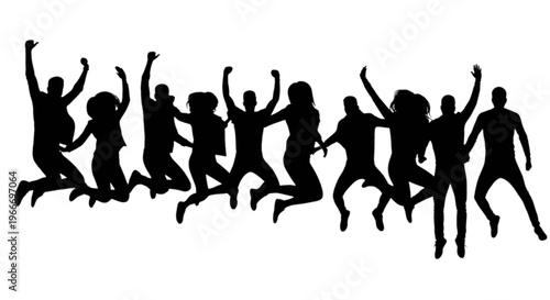 Silhouette of a joyful group of people jumping together