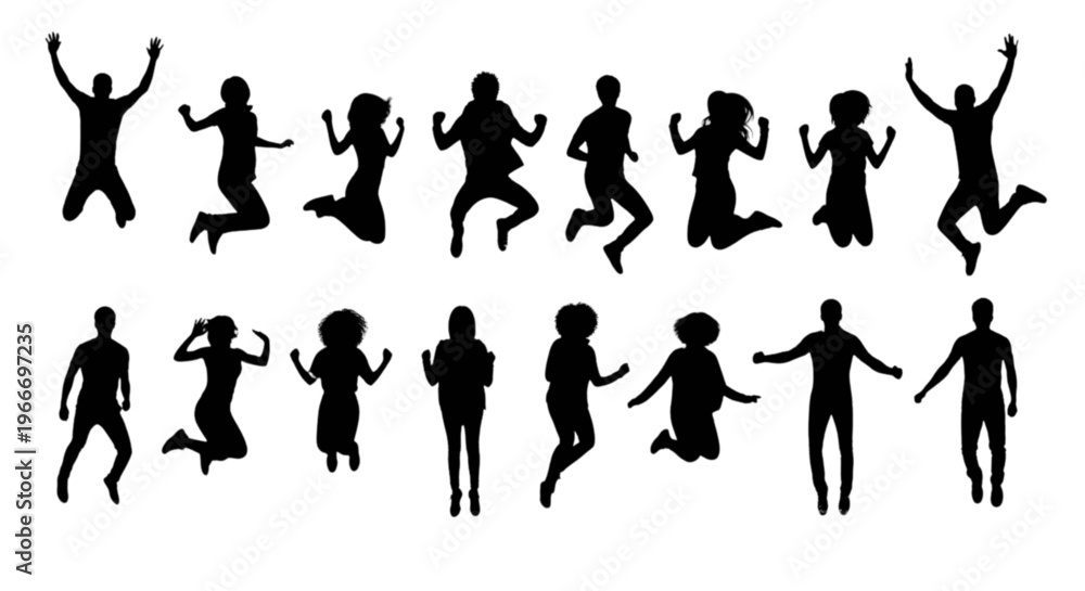 Fototapeta premium Collection of black silhouettes of people jumping and dancing