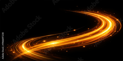 Dynamic motion of orange fire-like light trails creates a glowing wave of energy and speed along a dark city highway night street in this abstract black wallpaper design
