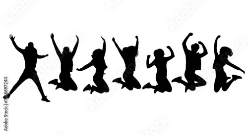 Seven people jumping in the air with their arms raised