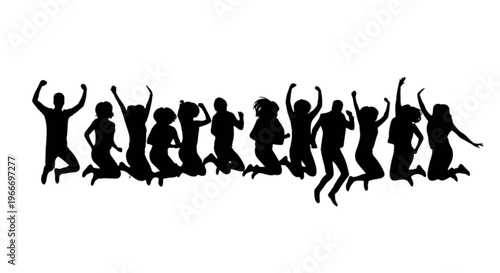 Silhouettes of people jumping in the air with joy and excitement