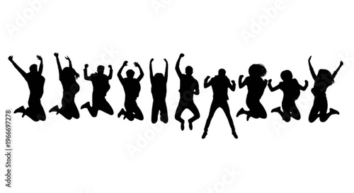 Silhouettes of joyful people jumping in the air