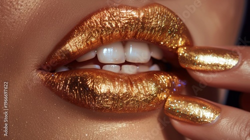 A hyper-realistic close-up of a woman's lips, coated with glossy, metallic gold lipstick, reflecting soft light for a bold and luxurious effect. 