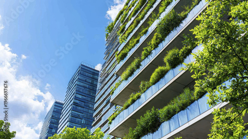Sustainable architecture features modern buildings with green terraces and lush vegetation, promoting eco friendly living