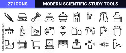 Chemical Laboratory Geometric Line Art Research Symbols, Minimalist Monoline Science Equipment for Commercial Database Indexing