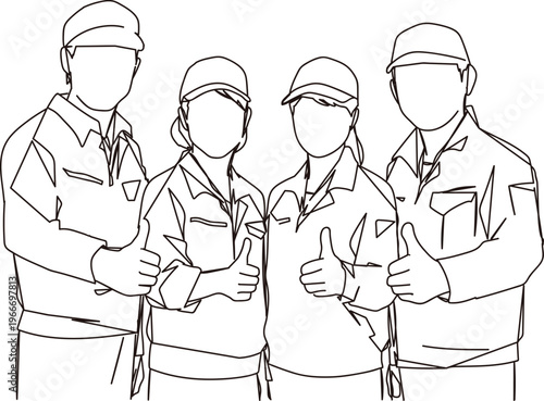 チームワークのある男女の作業員の線画イラスト素材