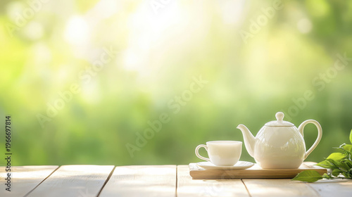 Serene tea set featuring teapot and cup wooden table, surrounded by lush green background, evokes tranquility and relaxation