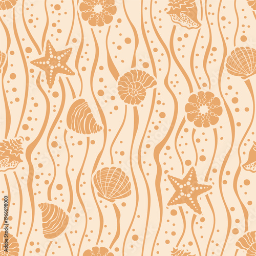 Hand drawn seamless ocean pattern with shells, starfish and waves in pastel blue tones, soft marine background with flowing lines and white elements on soft beige