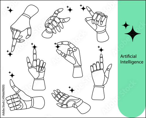 Artificial intelligence set of line icons depicting various hand gestures of helper robot. Suitable for AI assistant, chatbot UI