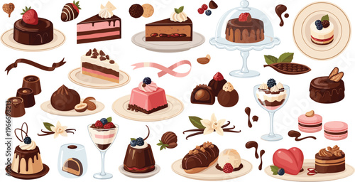 Delicious Gourmet Desserts Icon Set with Cakes, Chocolates, Pastries, Puddings, and Sweet Treats for Special Occasions and Celebrations.