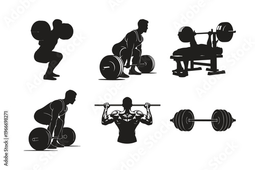 Weightlifting and powerlifting silhouette set bundle of male figures.