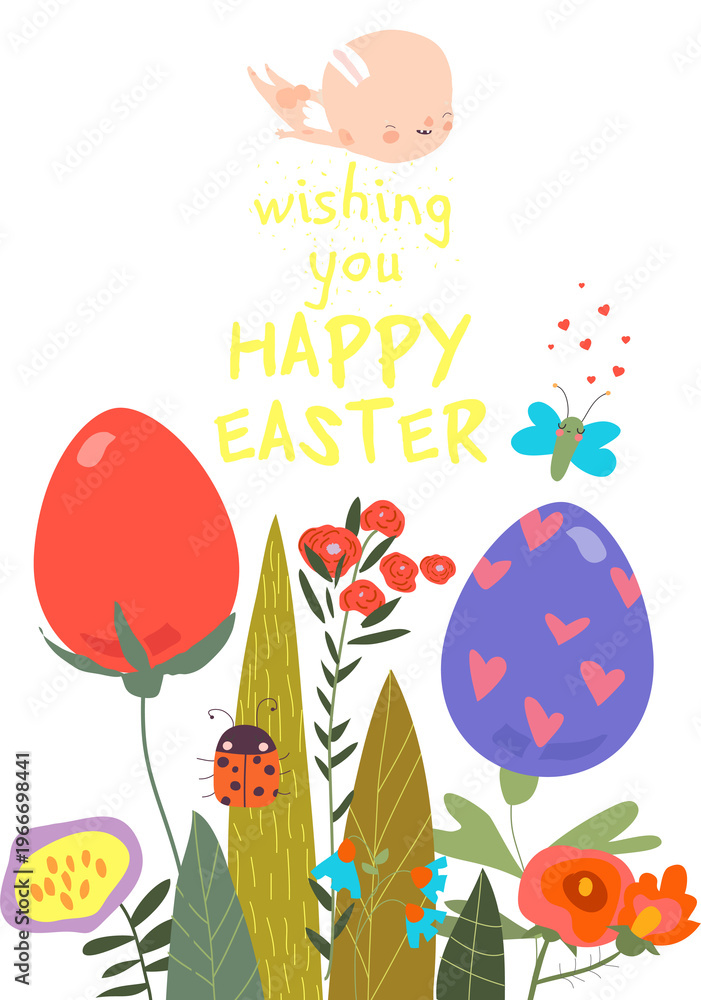 Fototapeta premium Easter Card with Flowers and Easter Eggs. Vector Illustration