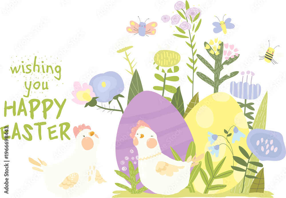 Fototapeta premium Cute White Hen sitting on Easter Eggs. Vector Illustration