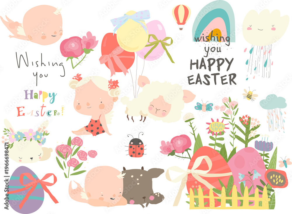 Fototapeta premium Vector Cartoon Easter Set With Little Cartoon Angels, Ester Eggs and Flowers