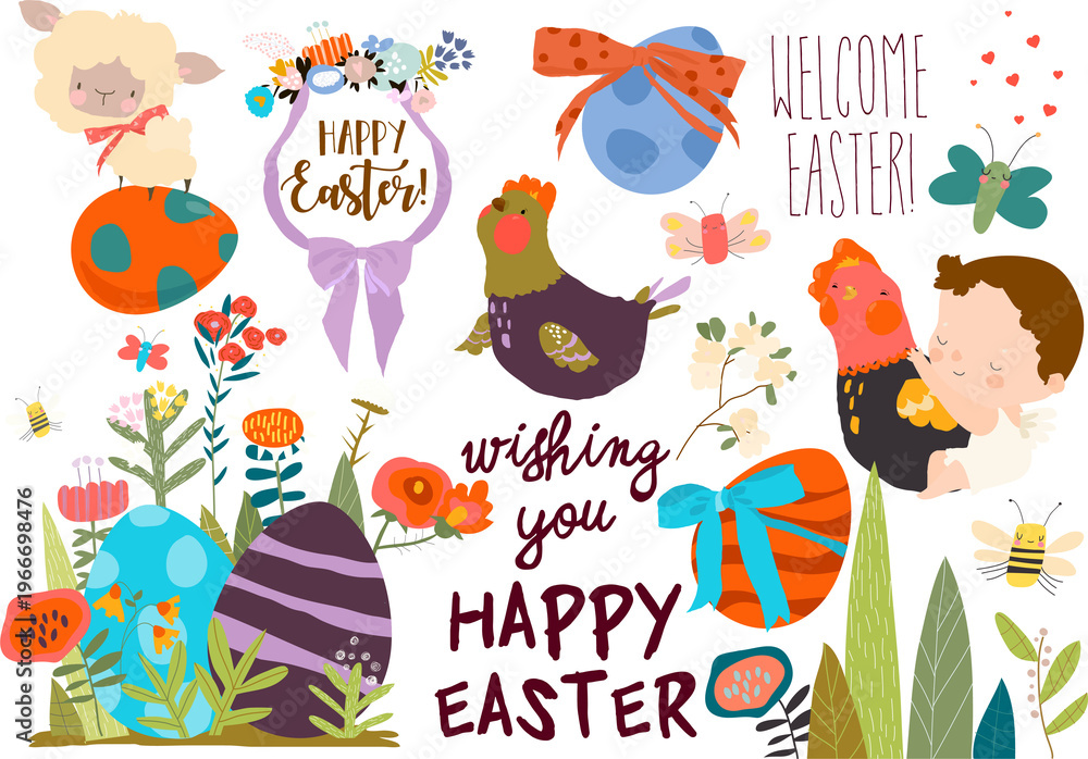 Fototapeta premium Vector Cartoon Easter Set With Little Cartoon Angels, Ester Eggs and Flowers