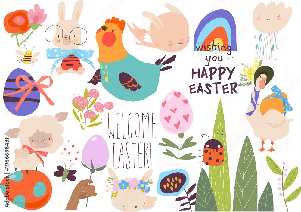 Naklejka premium Vector Cartoon Easter Set With Little Cartoon Bunnies, Ester Eggs and Flowers