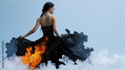 Woman in stunning black dress with fiery design stands amidst ice like textures, creating striking contrast