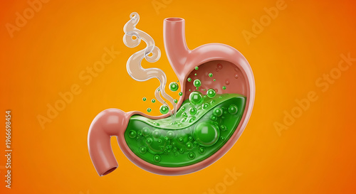 Vibrant 3D cartoon medical illustration of a human stomach organ featuring bubbling green digestive acid and gastric gas vapors isolated against a vivid bright orange studio background.