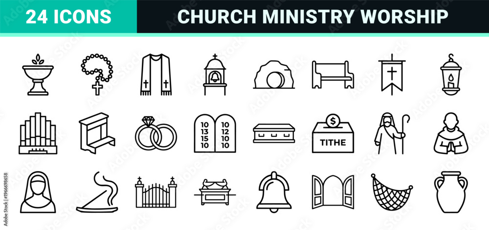 Fototapeta premium Christian Faith and Church Ministry Minimalist Monoline Outline Symbols Featuring Crosses Bibles and Religious Geometric Line Art