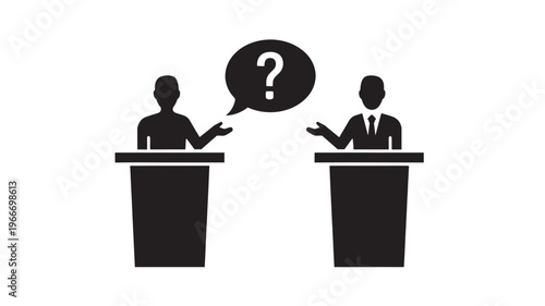 Business Debate Silhouette with Question Mark Speech Bubble for Communication and Discussion Concepts