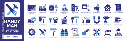 Handy Man solid vector glyph icon set including home repair, power drill, construction worker, plumbing pipes, paint roller, house blueprint, tool set, and electrical repair icons.