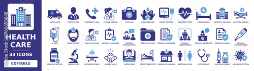 Health Care solid vector glyph icon set featuring hospital building, stethoscope, vaccine syringe, medical insurance, ambulance, doctor icon, and patient recovery icons.