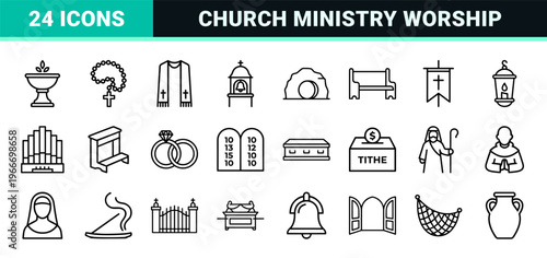 Christian Faith and Church Ministry Minimalist Monoline Outline Symbols Featuring Crosses Bibles and Religious Geometric Line Art