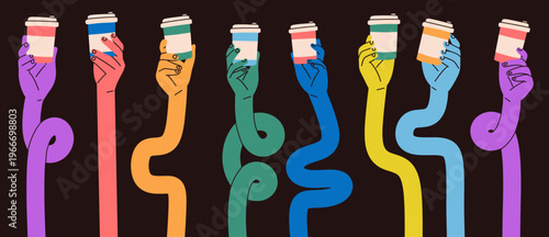 Flat vector colorful of multiple hands holding takeaway coffee cups. Perfect for concepts of energy, refreshment, café culture, and contemporary design.