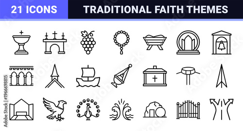 Christian Religious Architecture and Spiritual Symbols in Minimalist Monoline Aesthetic, Geometric Line Art for Commercial Interface Design