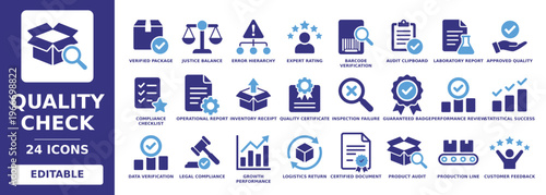 Quality Check solid vector glyph icon set featuring verified package, compliance checklist, quality certificate, product audit, data verification, audit clipboard, and performance review.