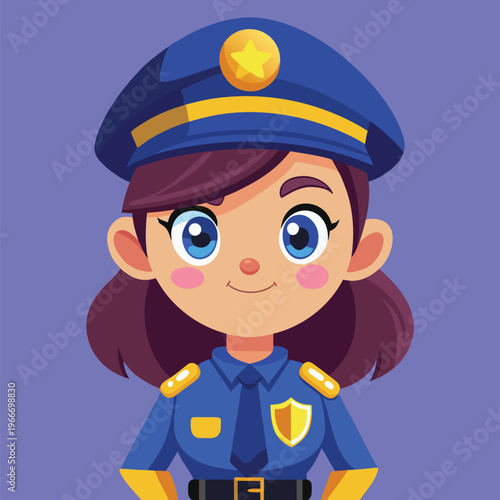 A friendly female police officer with a blue uniform and cap smiling brightly and wearing a golden star badge