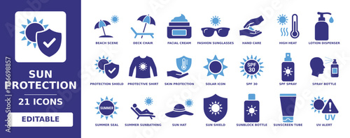 Sun Protection solid vector glyph icon set containing sunscreen tube, uv alert, sunblock bottle, sun hat, solar icon, skin protection, spf spray, beach scene, and protection shield icons.