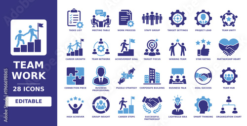 Icon set of Team Work related including task list, meeting table, work process, project lead, team unity, partnership heart, puzzle strategy, and organization chart icons.