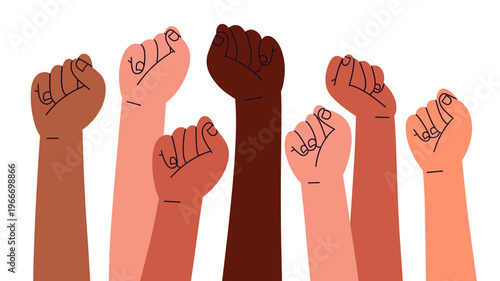 vector of diverse raised fists in different skin tones symbolizing unity, equality, empowerment, and social justice. Ideal for activism themes, diversity campaigns, inclusion, and community support 