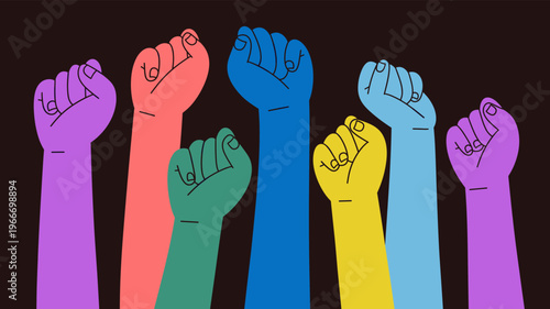 colorful of diverse raised fists in different skin tones symbolizing unity, equality, empowerment, and social justice. Ideal for activism themes, diversity campaigns, inclusion, and community support