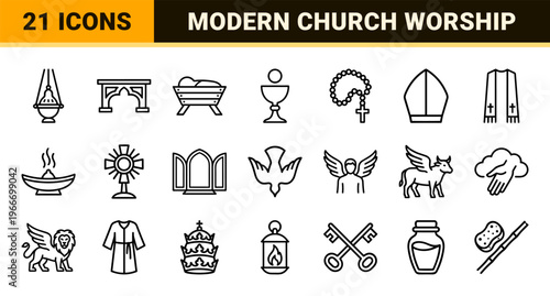 Christian Religious Symbols and Church Worship Elements, Minimalist Monoline Geometric Line Art for Commercial Metadata Architecture