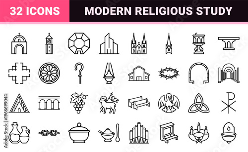 Christian Religious Architecture and Liturgical Symbols; Minimalist Geometric Monoline Outline Icons for Church UI and Theological Media.