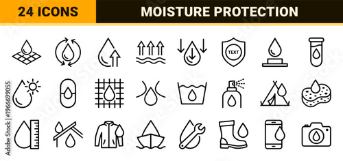 Waterproof and Moisture Protection Technology Minimalist Monoline Icon Set, Geometric Line Art for Textile Engineering and Durable Coatings