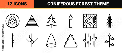 Coniferous Evergreen Tree Symbols for Winter Branding and Holiday Design, Minimalist Geometric Monoline Style for Commercial UI/UX Projects.