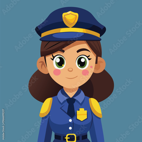 Friendly cartoon girl police officer in official blue uniform with a badge on her service cap
