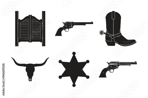 Western cowboy silhouette icons set bundle sheriff badge.