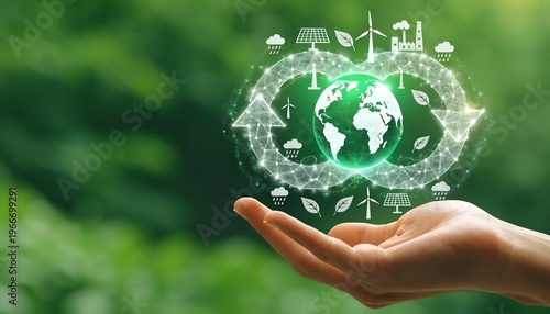 A hand gently supporting a glowing green and white circular economy icon featuring an infinity loop and arrows around a globe, surrounded by smaller sustainability symbols against a lush bokeh forest 