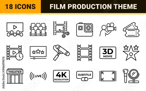 Cinema and Movie Production Minimalist Line Art Set for Digital Interface and Film Industry Branding